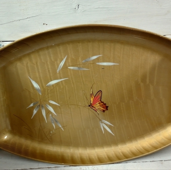 Unique Vintage Other - Vintage Asian Bamboo Butterfly Tray Hand-Painted Lacquerware Serving Dish